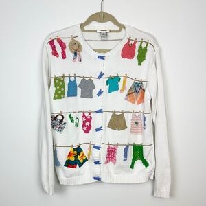 Talbots Vintage Embroidered 3D Clothesline 100% Cotton Knit Cardigan Size Small